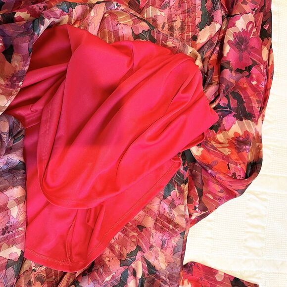 Lane Bryant Dress 18 Red Floral Balloon Sleeve 80s Midi High Low Party Wedding - Picture 16 of 16